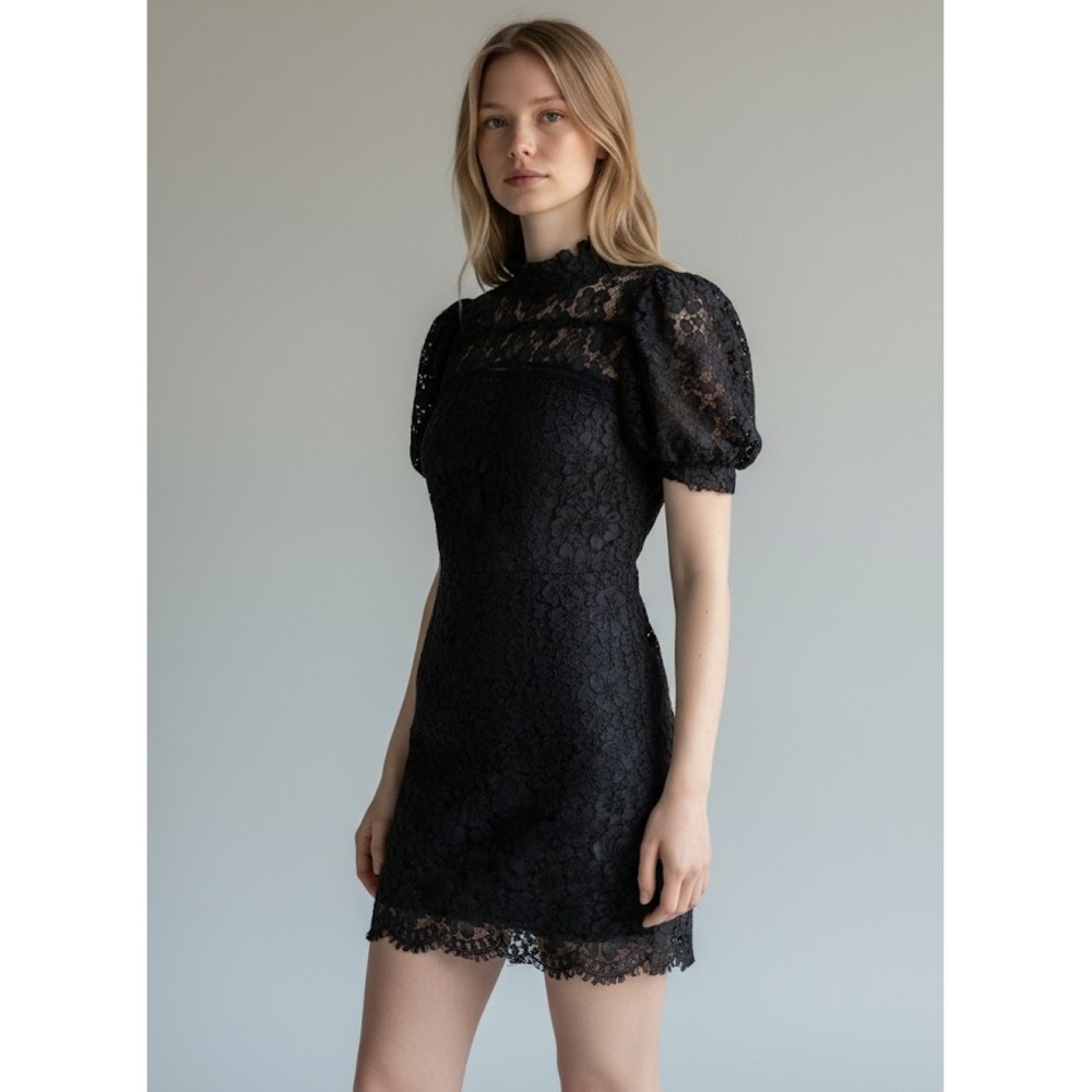 Adelyn Rae Navy Lace Open Back Mock Neck Puff Sleeve Mini Dress Size M